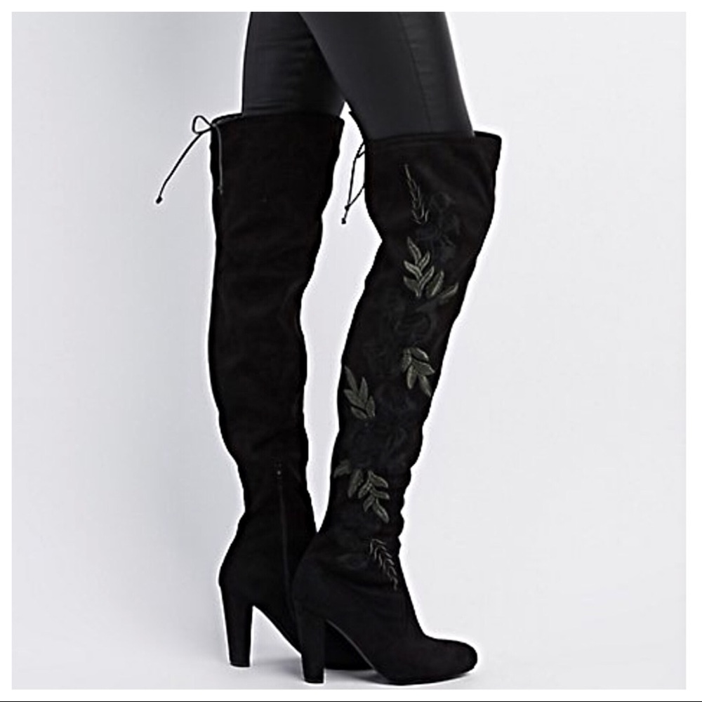 Black embroidery over the knee boots